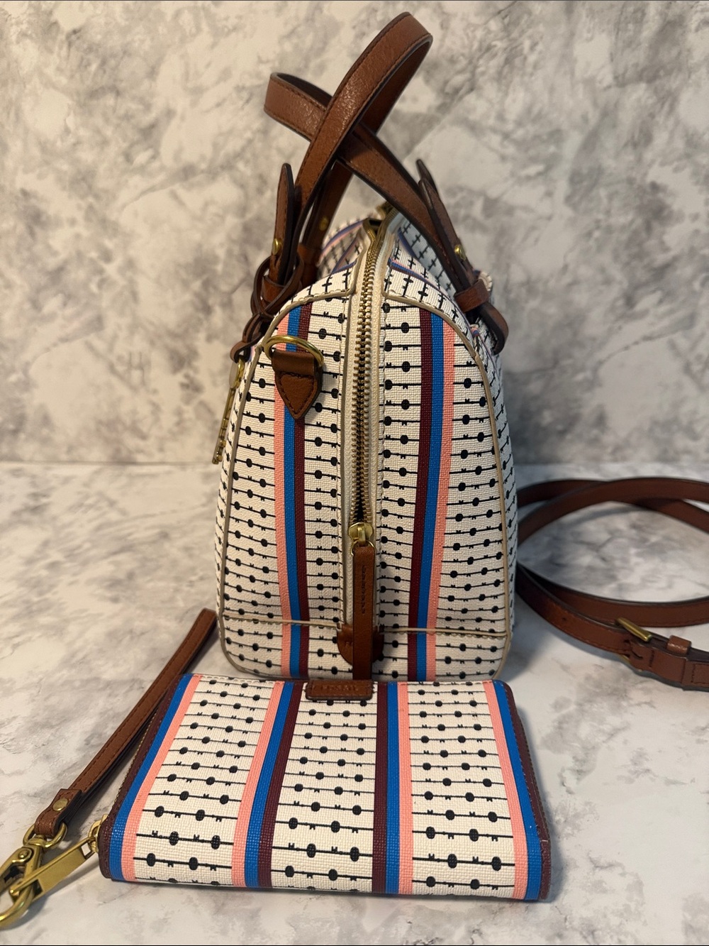Fossil satchel Bag Purse Rachel Striped Polkadot And Wallet - Picture 3 of 9